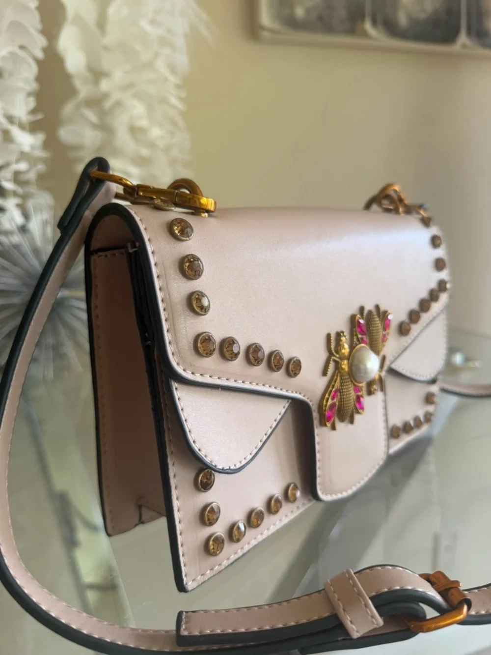 Blush Pink Studded Crossbody Bag with Bee Emblem
